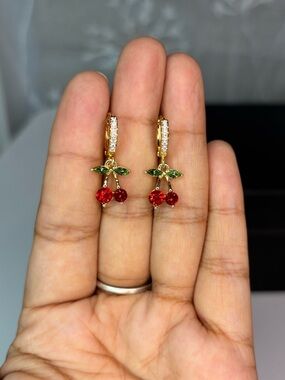 Small Delicate Gold Cherry Drop Hoop Earrings with Red Crystals New!